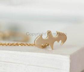 Gold Batman Necklace, Gold Bat Necklace, Batman Charm Necklace