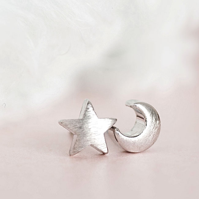 Silver Moon Star Stud Earrings, Crescent Moon Star Whimsical Jewelry on